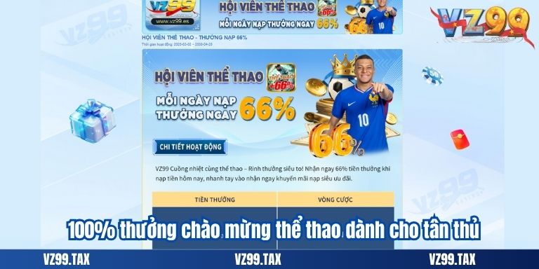 Khuyến Mãi Thành Viên Mới VZ99 Hấp Dẫn Nhất 2 100% thưởng chào mừng thể thao dành cho tân thủ