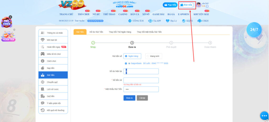 Rút Tiền VZ99 6 hd rút tiền