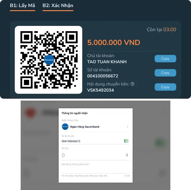 Hướng Dẫn Nạp Qua Codepay 3 Copy và dán vào phần Số Tài Khoản trong ứng dụng ngân hàng.